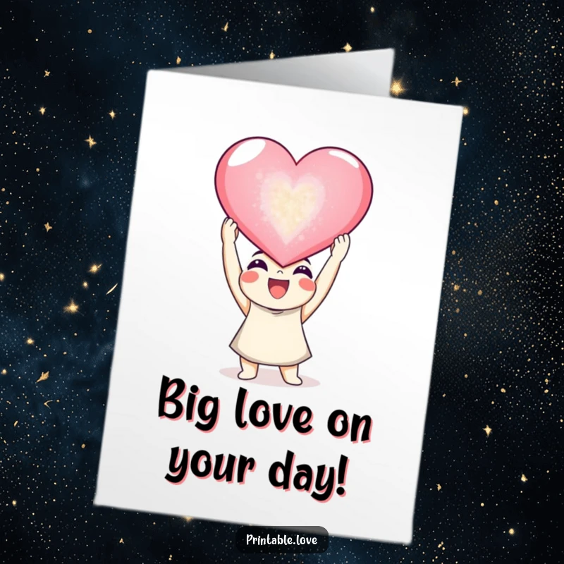 Free Printable Birthday Card: Joyful character holding a giant, sparkling heart aloft in honor of a birthday.