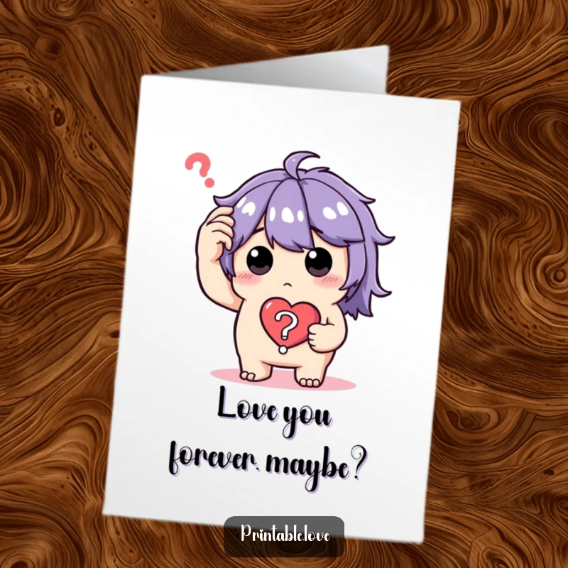 Funny Free Printable Birthday Card with a perplexed character scratching their head, holding a heart question mark, seeking answers.