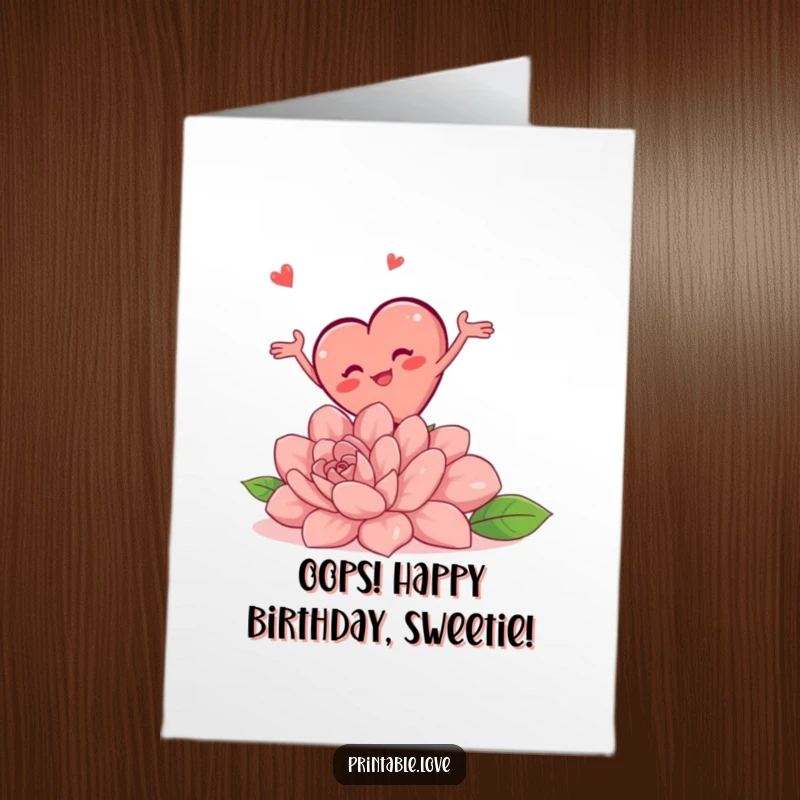Funny Free Printable Birthday Card: A plump heart character tumbles over a huge flower, limbs flailing comically, embodying birthday mishaps with humor.