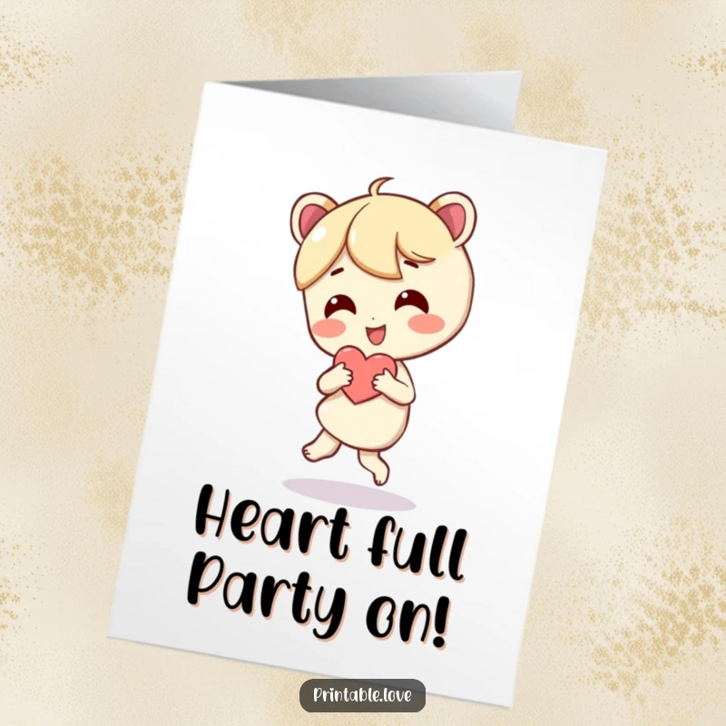 Funny Free Printable Birthday Card: A character joyfully dances, holding a heart close to their chest.