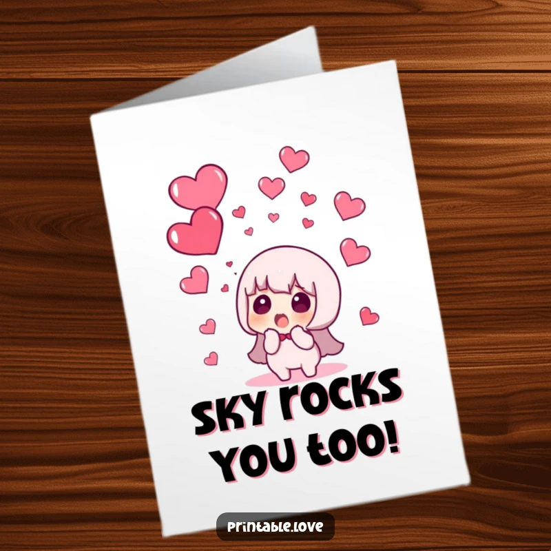 Funny Free Printable Birthday Card featuring a shocked character caught off guard by a sky full of raining hearts.