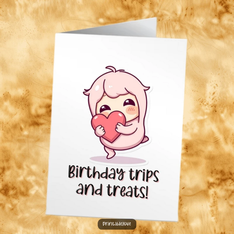 Funny Free Printable Birthday Card: Wobbly character tripping but safely holding a bright heart, celebrating a birthday.