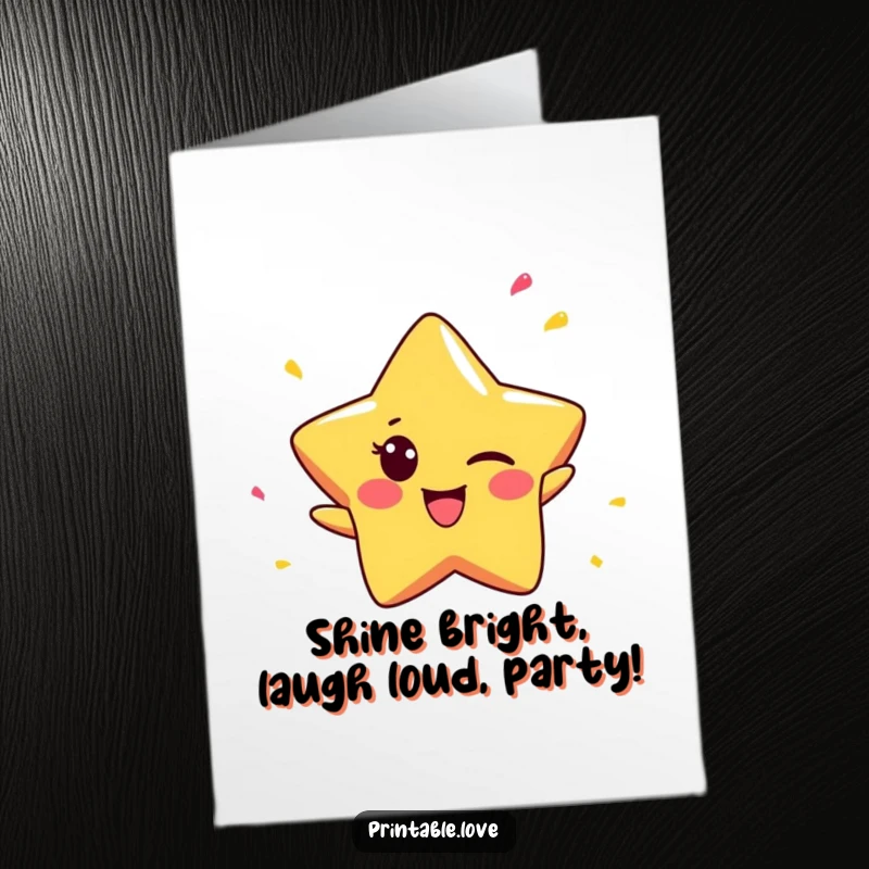 Funny free printable birthday card featuring a tiny winking star character playfully throwing confetti for a festive celebration.