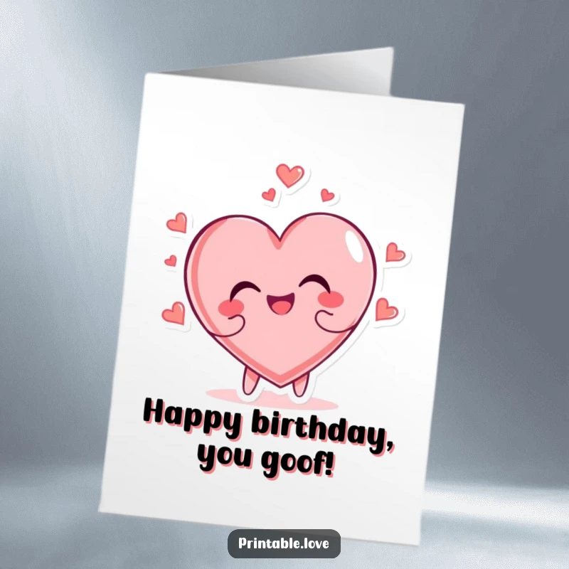 Funny Free Printable Birthday Card featuring a heart character tumbling head over heels with pure glee, conveying ecstatic birthday wishes.