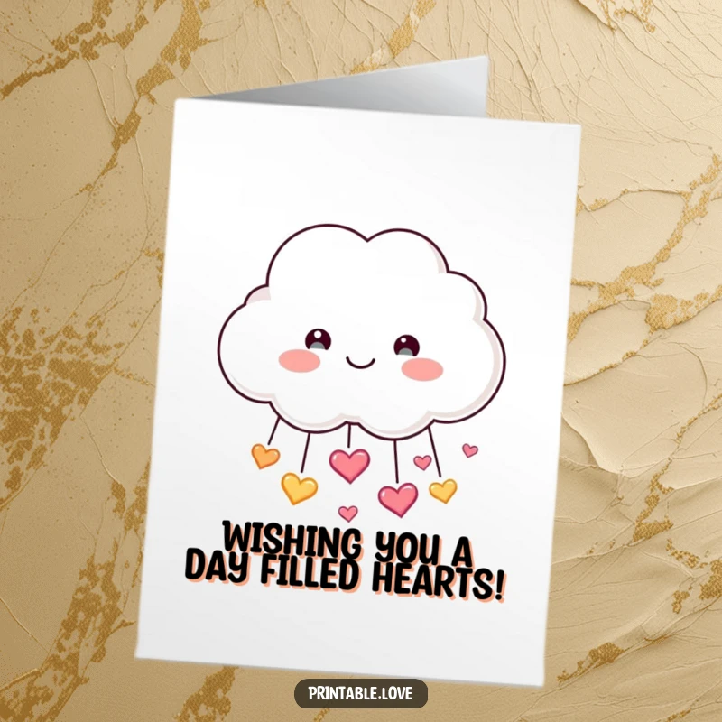Free printable happy birthday card featuring a smiling cloud character showering down sparkling pink and red hearts joyfully.