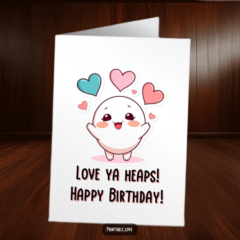 Funny Free Printable Juggling Hearts Birthday Card: A blushing character playfully juggles three vibrant hearts, wishing a happy birthday.