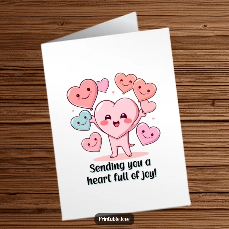Funny Free Printable Kawaii Heart Birthday Card, cute heart character juggling hearts, perfect for sending birthday love and joy.
