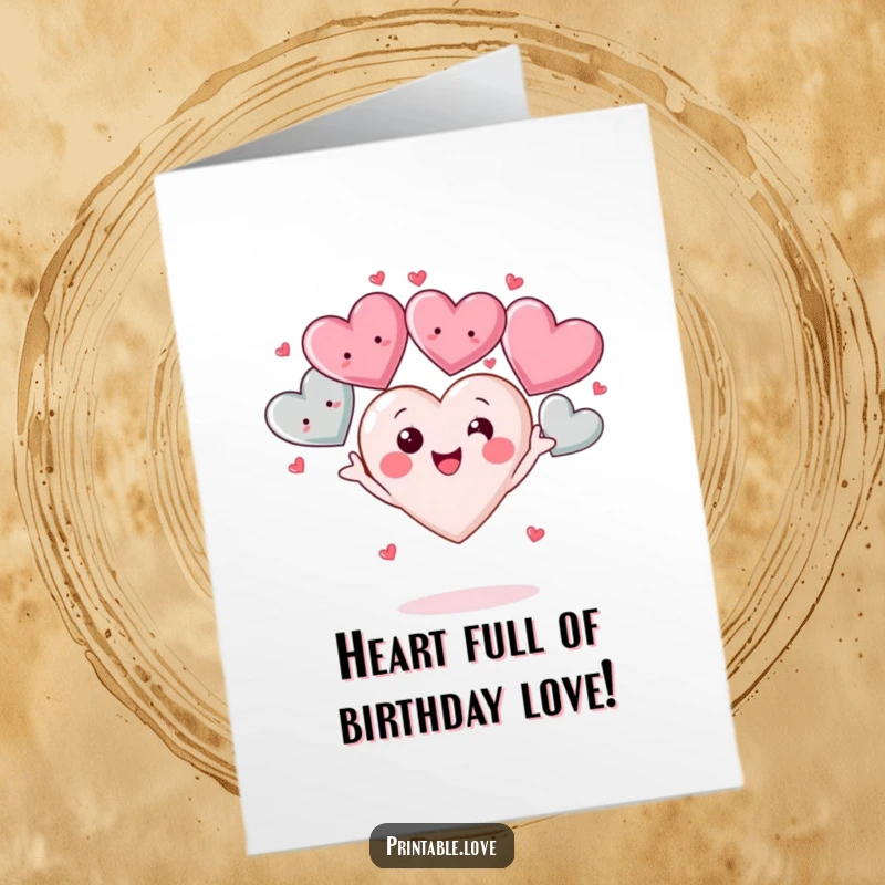 Funny Free Printable Birthday Card: A kawaii heart character joyfully juggling big smiling hearts, spreading birthday love.