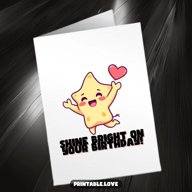 Funny Free Printable Birthday Card: A kawaii star character leaping joyfully, holding a heart high for a stellar birthday.
