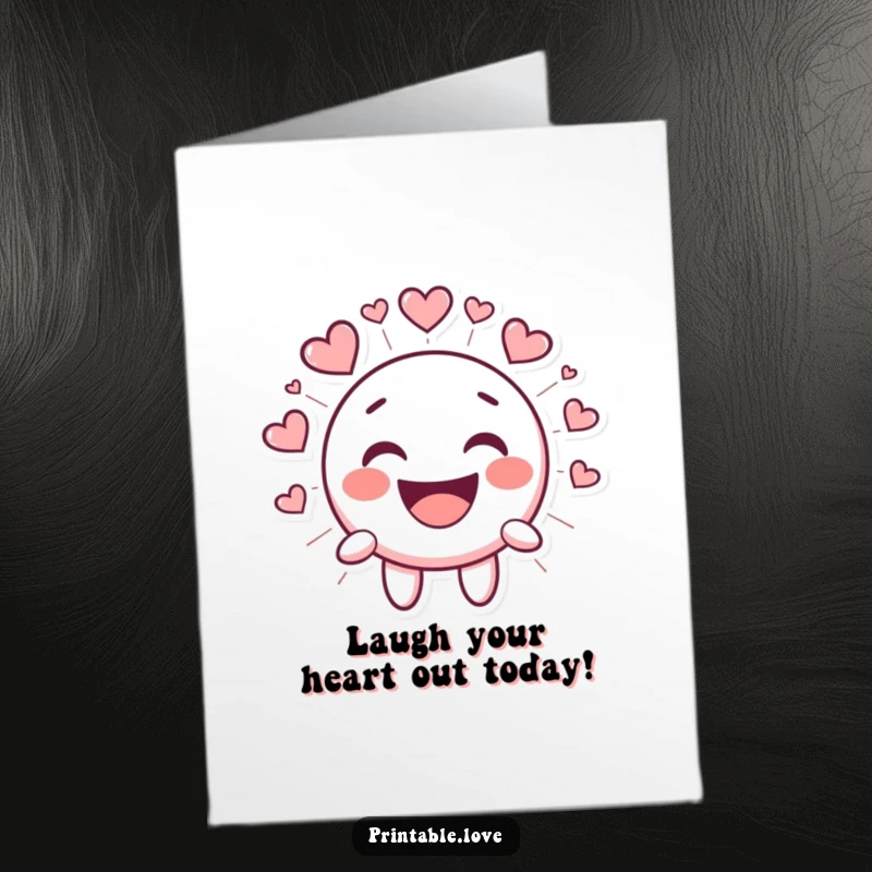 Funny Free Printable Laughing Smiley Face Birthday Card radiating heart shapes, showing a kawaii character bursting with joyful laughter, perfect for a happy wish.