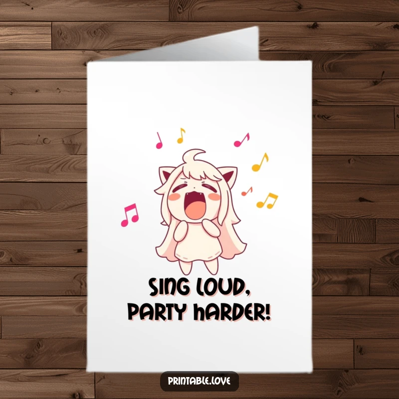 Funny Free Printable Birthday Card with a character singing loudly, musical notes flying out, a humorous DIY gift.