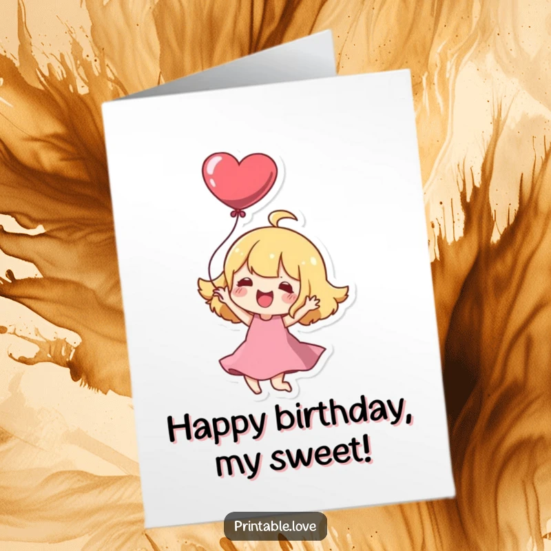 Funny Free Printable Birthday Card: Cute Kawaii character joyfully twirling with a red heart balloon, celebrating with sweet birthday wishes.