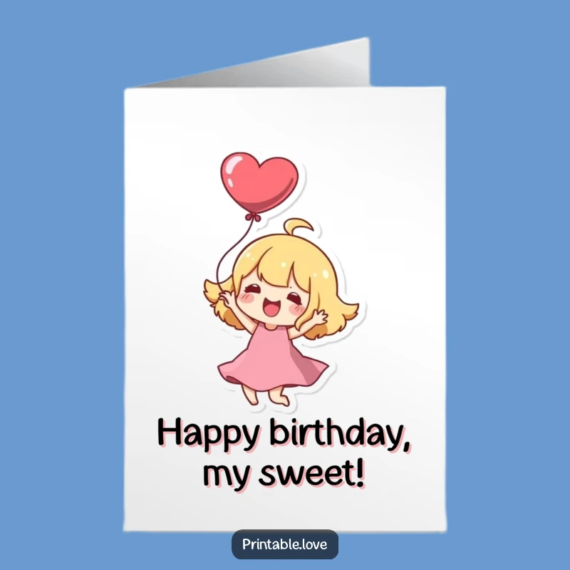 Free Printable Kawaii Birthday Card: Joyful Heart Balloon Downloadable Gift