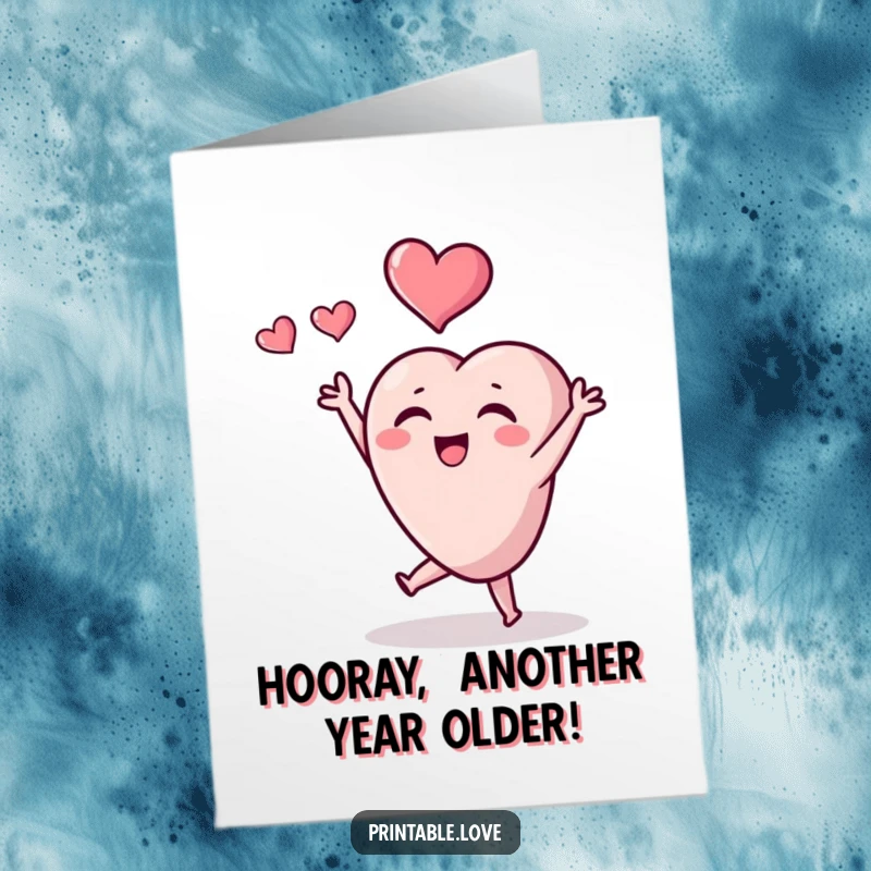 Free Printable Birthday Card: Tiny heart character joyfully tossing a heart in the air for a celebration.