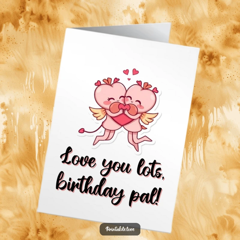 Funny Free Printable Birthday Card: Two playful heart characters in a ridiculous acrobatic embrace, ready to celebrate.