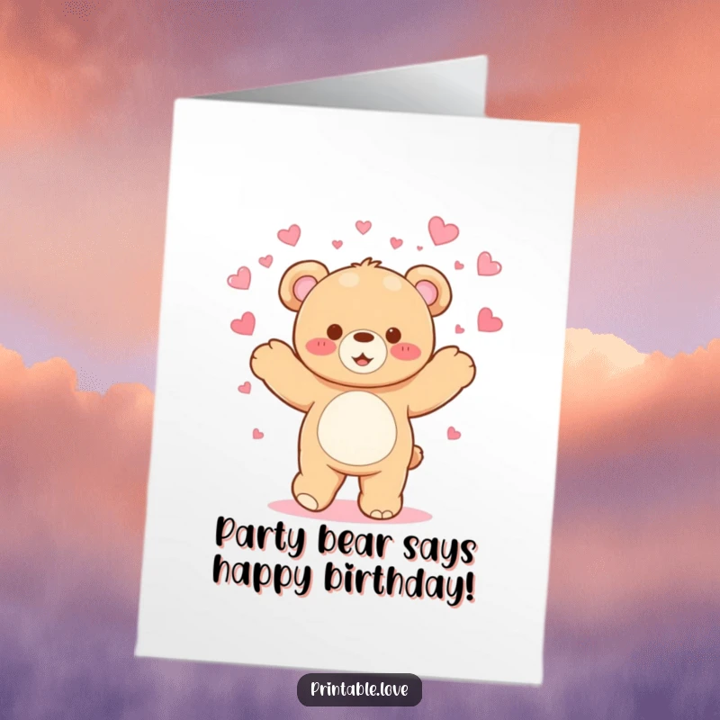 Funny Free Printable Birthday Card: Kawaii teddy bear dancing joyfully, showering hearts for a special day.