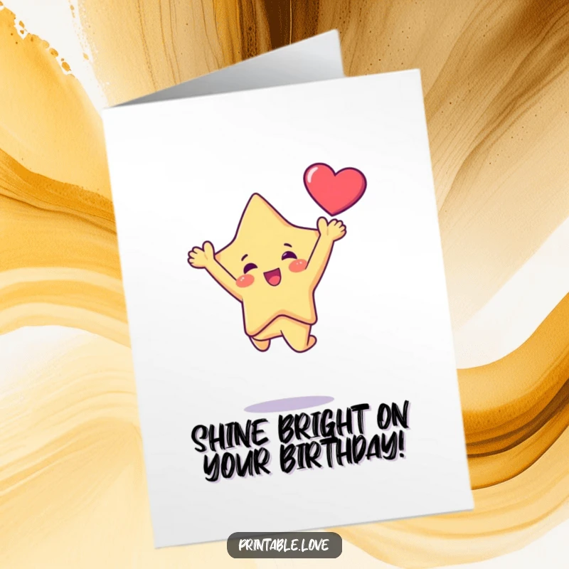 Funny Free Printable Kawaii Star Birthday Card, star character leaping with heart, perfect for sending joyful birthday wishes.
