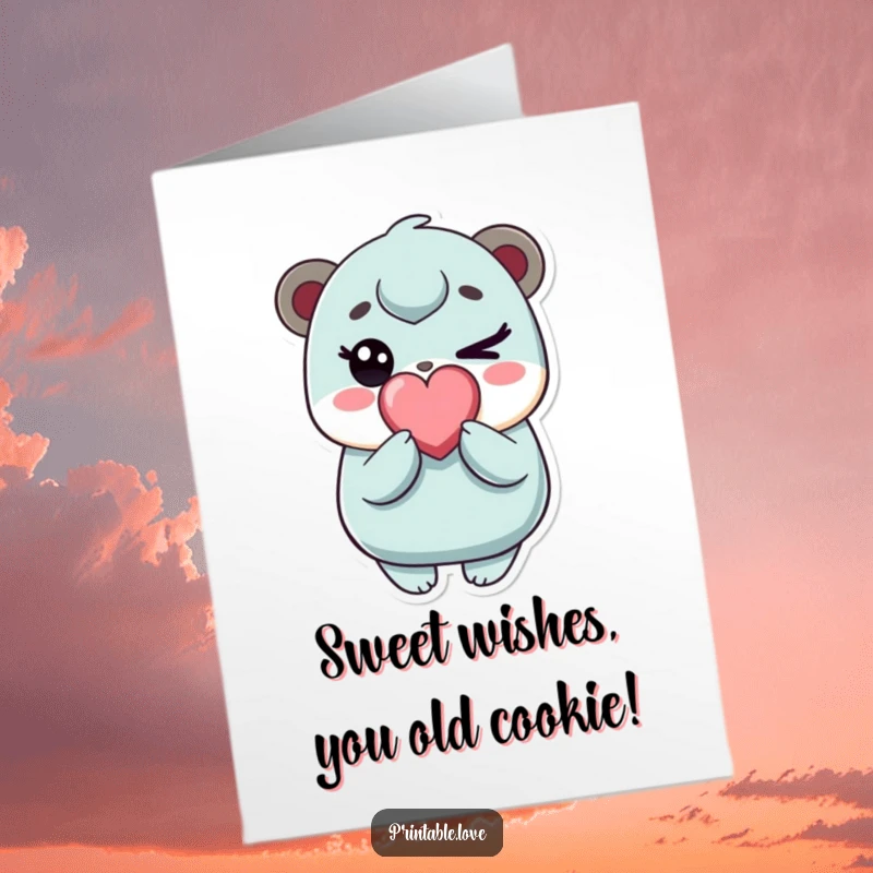 Funny Free Printable Birthday Card: Kawaii character playfully winking, offering a heart candy, perfect for a sweet celebration.