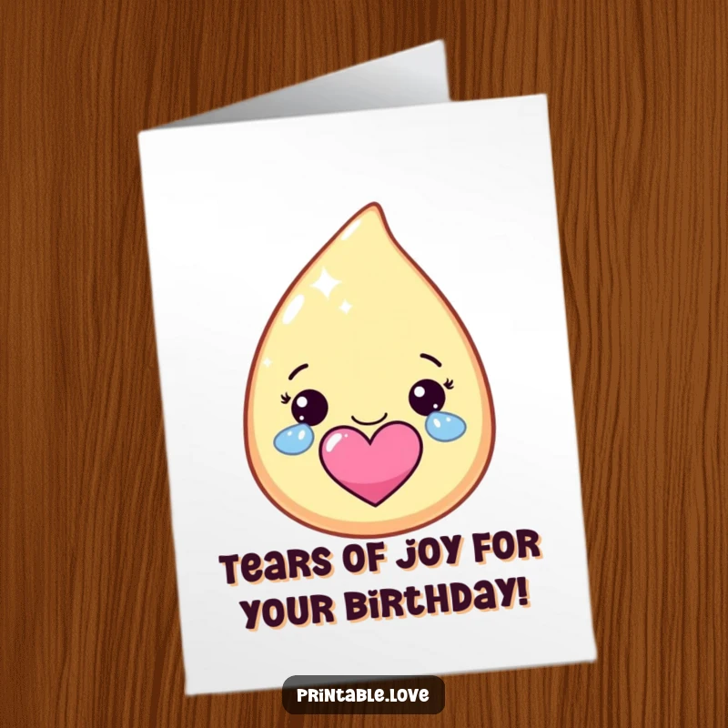 Funny Free Printable Birthday Card: Kawaii teardrop character cries happy, sparkly tears forming a heart.