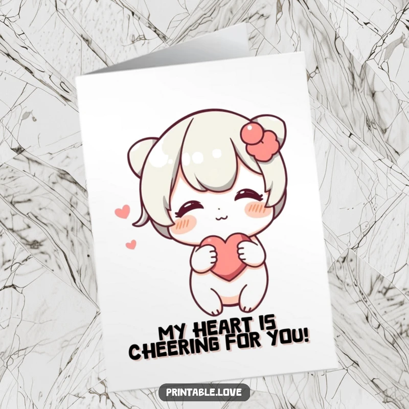 Funny Free Printable Blushing Heart Character Congrats Card pushing a heart forward, offering shy congratulations and sweet acknowledgement.