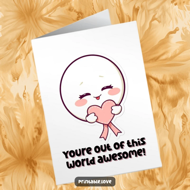 Funny Free Printable Congrats Card: Mischievous kawaii moon winks, holding a heart ribbon, perfect for celebrating.