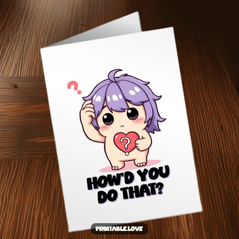 Funny Free Printable Congratulations Card featuring a confused character holding a heart question mark, perfect for puzzling triumphs.