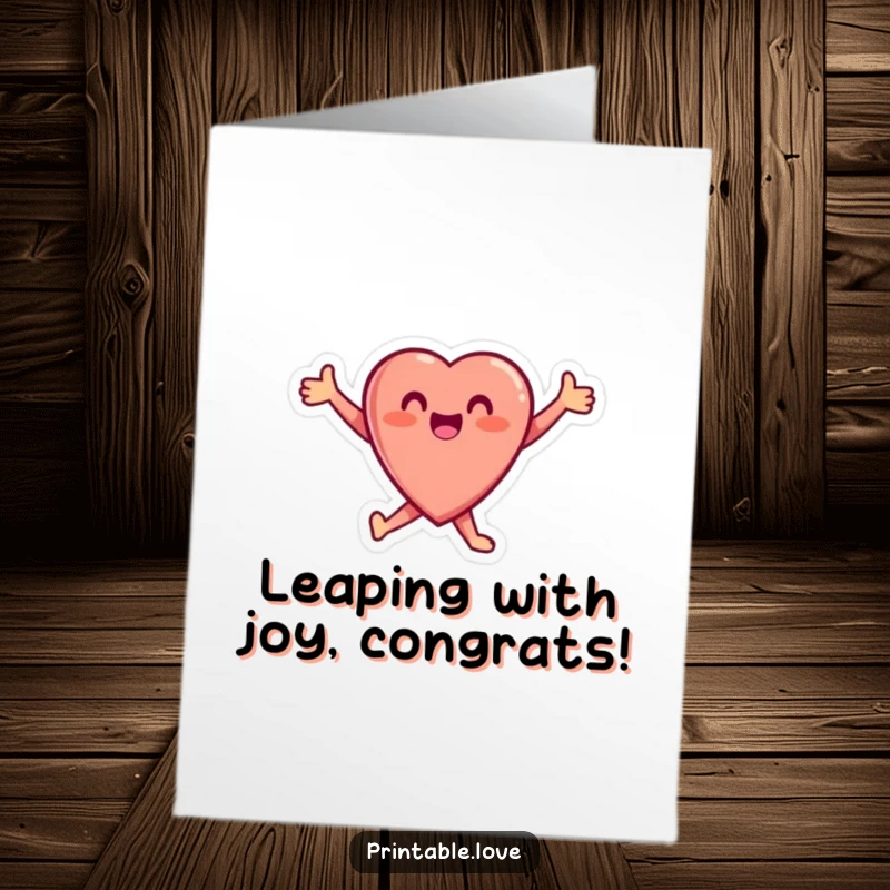 Free Printable Congrats Card: A small heart character leaping with joy, arms outstretched, celebrating your fantastic achievement, DIY.
