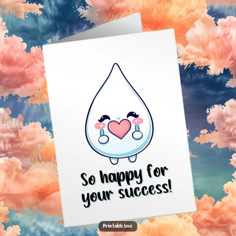 Funny Free Printable Congratulations Card with a kawaii teardrop character shedding happy, sparkly tears forming a heart.