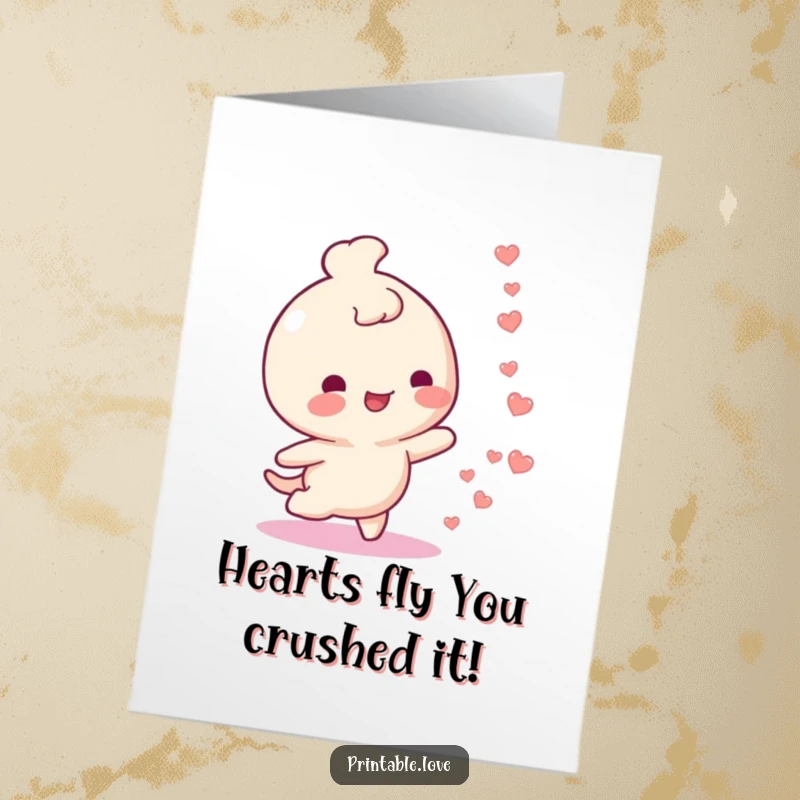 Funny Free Printable Congratulations Card: A character beams, surrounded by a trail of tiny hearts floating upwards.