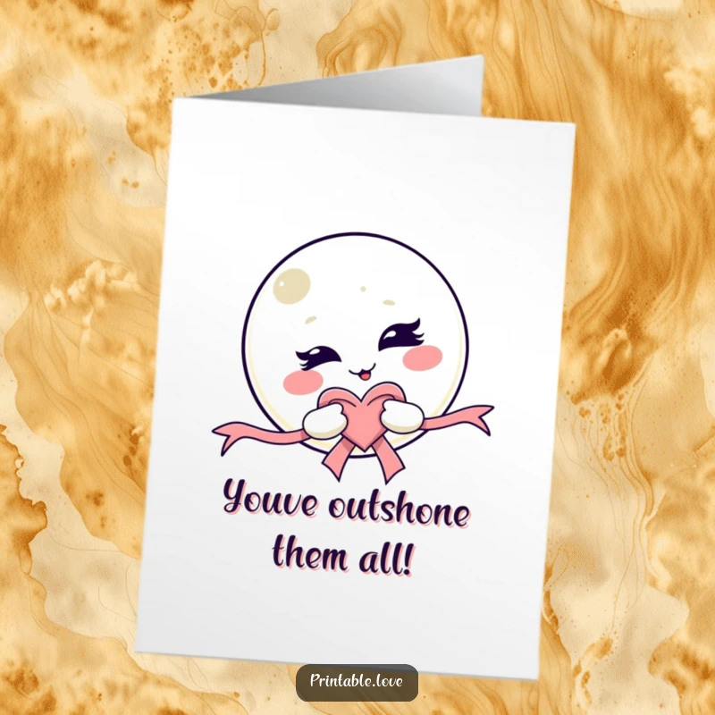 Funny Free Printable Congratulations Card with a mischievous kawaii moon character winking and holding a heart ribbon.