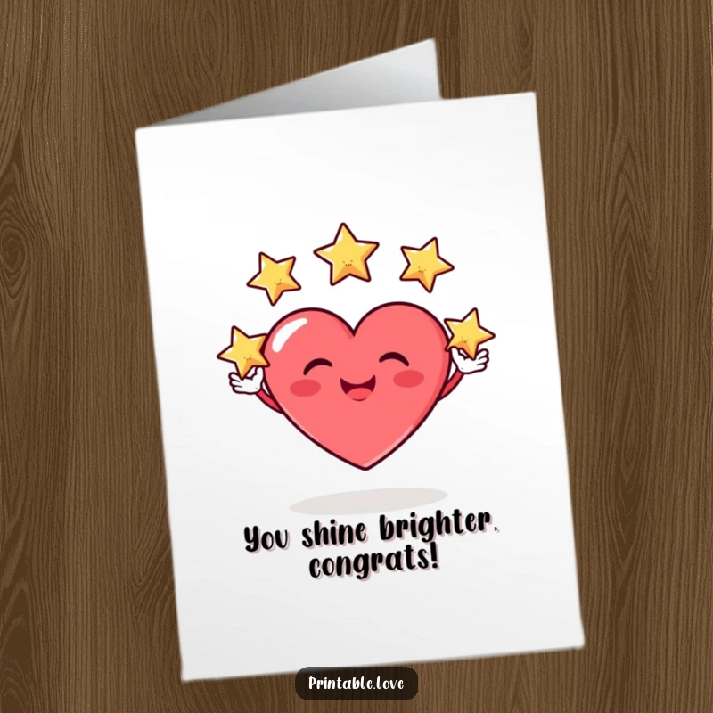 Funny Free Printable Congratulations Card: A heart character grinning gleefully while juggling three tiny stars, celebrating success.