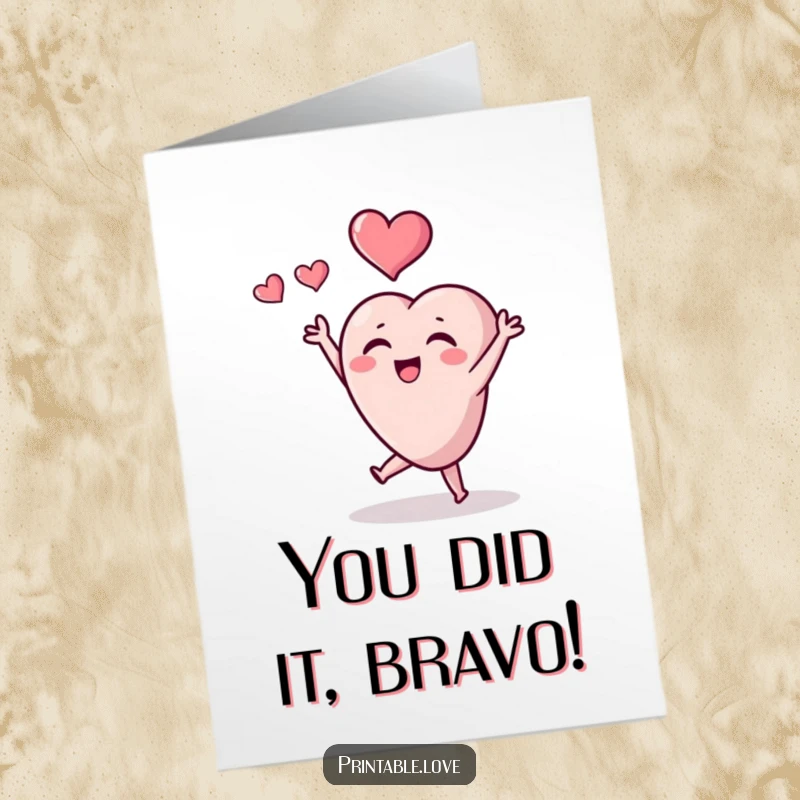 Free Printable Congratulations Card: Tiny heart character joyfully tossing a heart in celebration of an achievement.
