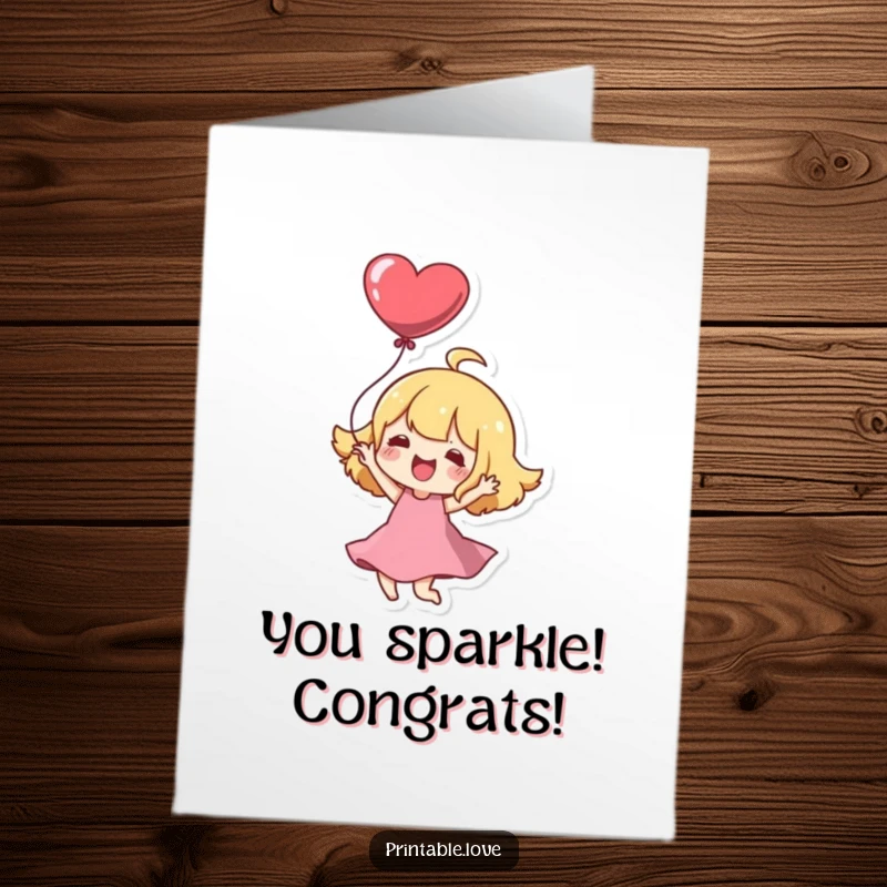 Funny Free Printable Congratulations Card: Adorable Kawaii character twirling with a heart balloon, celebrating your success with pure joy.