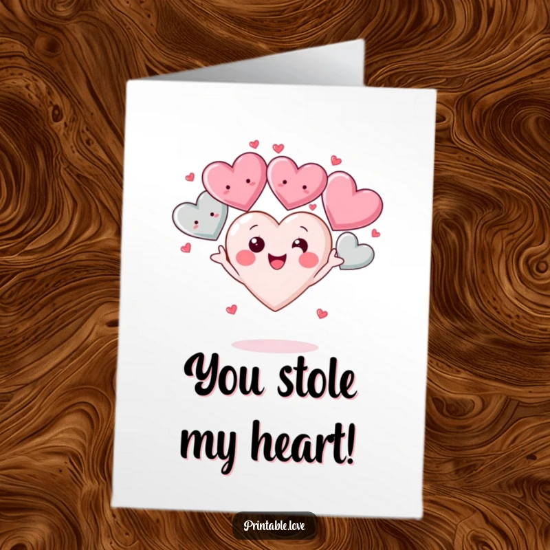 Funny Free Printable Congratulations Card: A kawaii heart character beaming while juggling multiple smiling hearts in celebration.