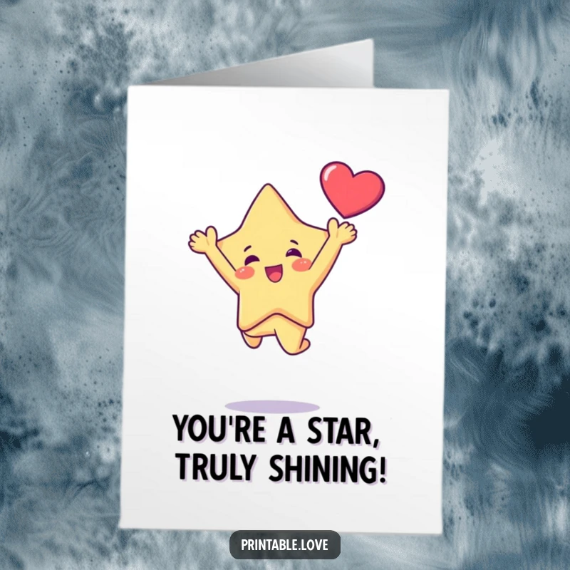 Funny Free Printable Kawaii Star Congrats Card, star character leaping joyfully with a heart, perfect for celebrating achievements.
