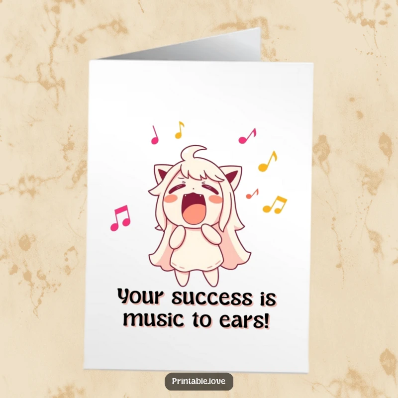 Funny Free Printable Congratulations Card featuring a character singing loudly with musical notes, a quirky downloadable gift.