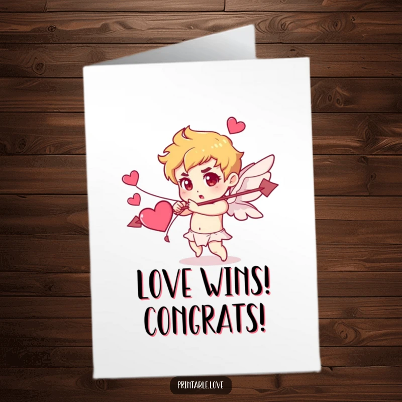 Funny Free Printable Congrats Card: A determined Cupid shoots a heart arrow, symbolizing love and success, a great downloadable.