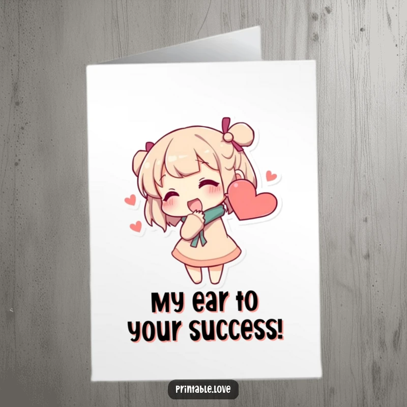 Funny Free Printable Secret Whispers Congratulations Card: Character excitedly whispers secrets into a heart-shaped ear, congratulating.