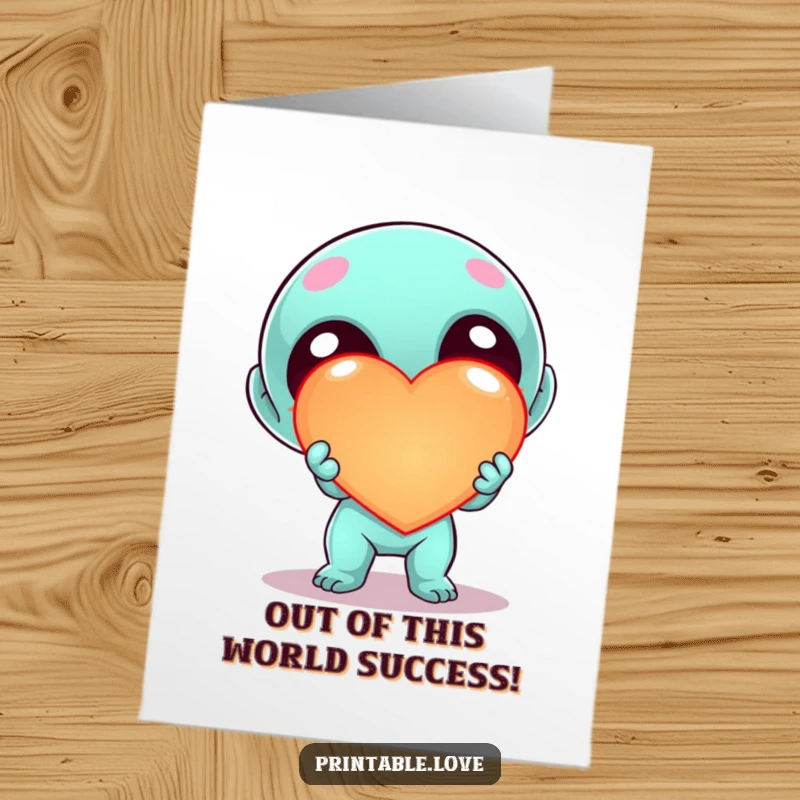 Funny Free Printable Alien Congrats Card featuring a kawaii alien enthusiastically offering a large, glowing heart, perfect for celebrating achievements.