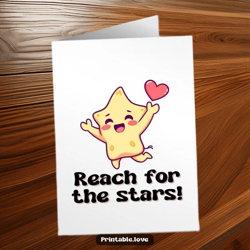 Funny Free Printable Congratulations Card: A kawaii star character joyfully leaping, holding a heart aloft to celebrate your success.