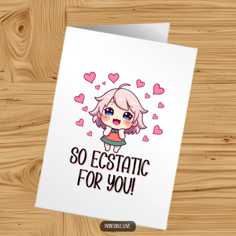 Funny Free Printable Congratulations Card with an excited character and swirling hearts, celebrating great news with glee.