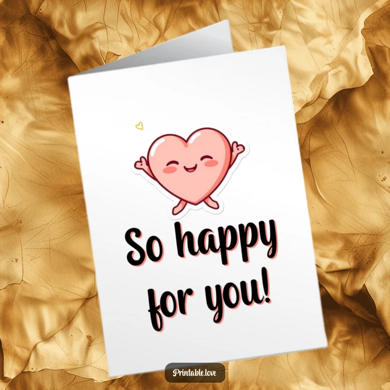 Funny Free Printable Congratulations Card with a tiny heart character blushing and jumping joyfully, celebrating achievements with infectious enthusiasm.