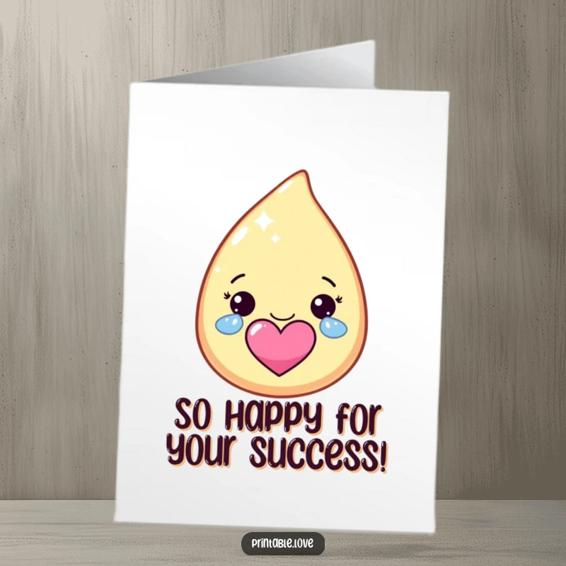 Funny Free Printable Congrats Card: Kawaii teardrop character sheds joyful, sparkly tears, making a heart.