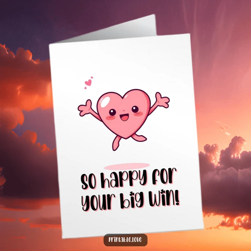 Funny Free Printable Joyful Heart Congrats Card leaping with arms wide, expressing pure celebration and excitement for achievements.