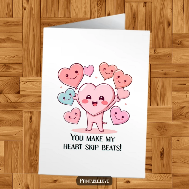 Funny Free Printable Kawaii Heart Congrats Card, heart character juggling smiling hearts, perfect for celebrating any happy occasion.