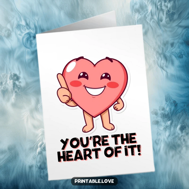 Funny Free Printable congratulations card: A grinning heart character playfully points, celebrating an achievement with enthusiasm.