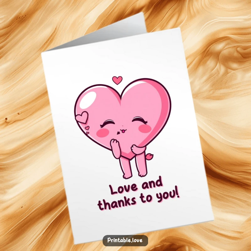 Funny Free Printable thank you card: A heart character blows a kiss with a dreamy look, conveying heartfelt thanks.