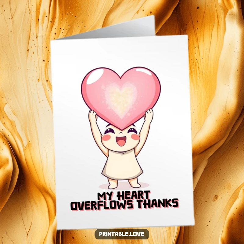 Free Printable Thank You Card: Joyful character holding a giant, sparkling heart aloft to express immense thanks.