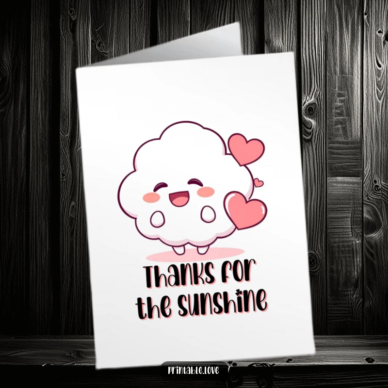 Funny Free Printable Thank You Card: A kawaii cloud character giggling freely, with a heart nearby conveying warm thanks.