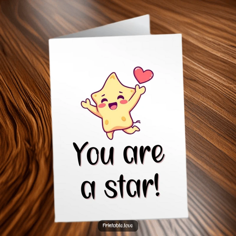 Funny Free Printable Thank You Card: A kawaii star character leaping with joy, holding a heart high to thank you.